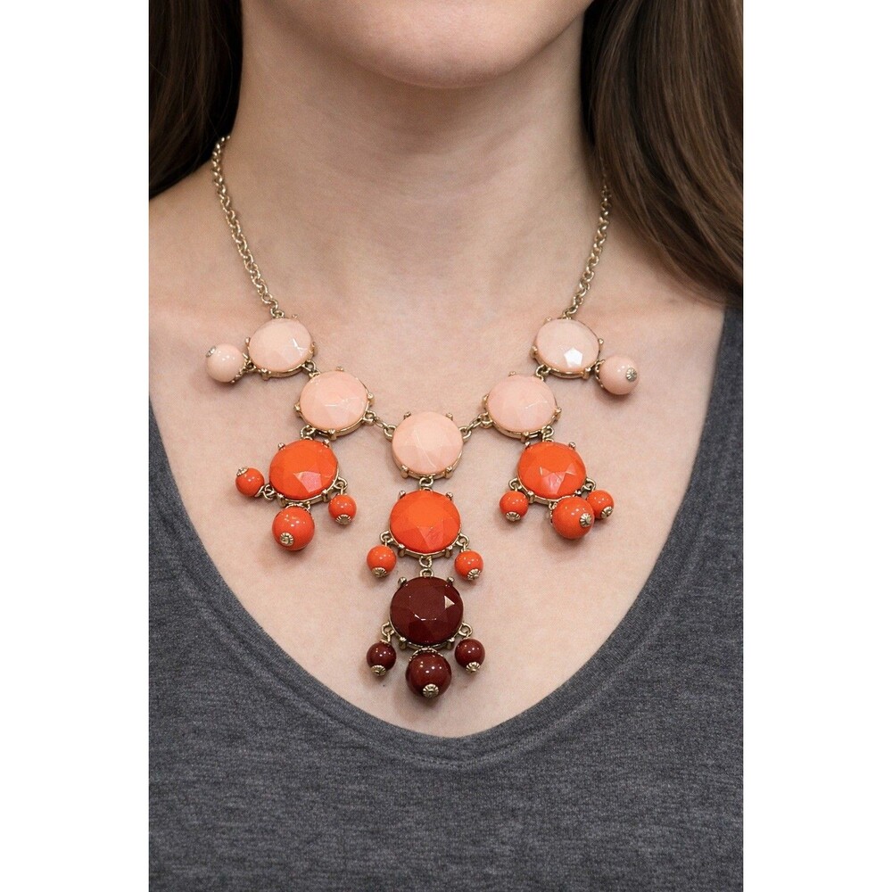 Vintage Shades of Coral Orange Beaded Necklace Gold Tone Chain Rare Summer Look!